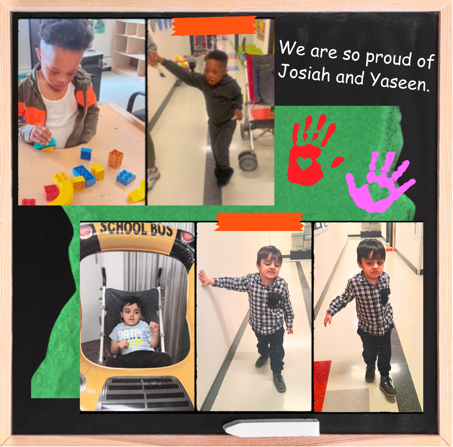 A collage of two young boys playing with blocks, sitting, and standing in a hallway. Texts on the graphic says "We are so proud of Josiah and Yaseen."