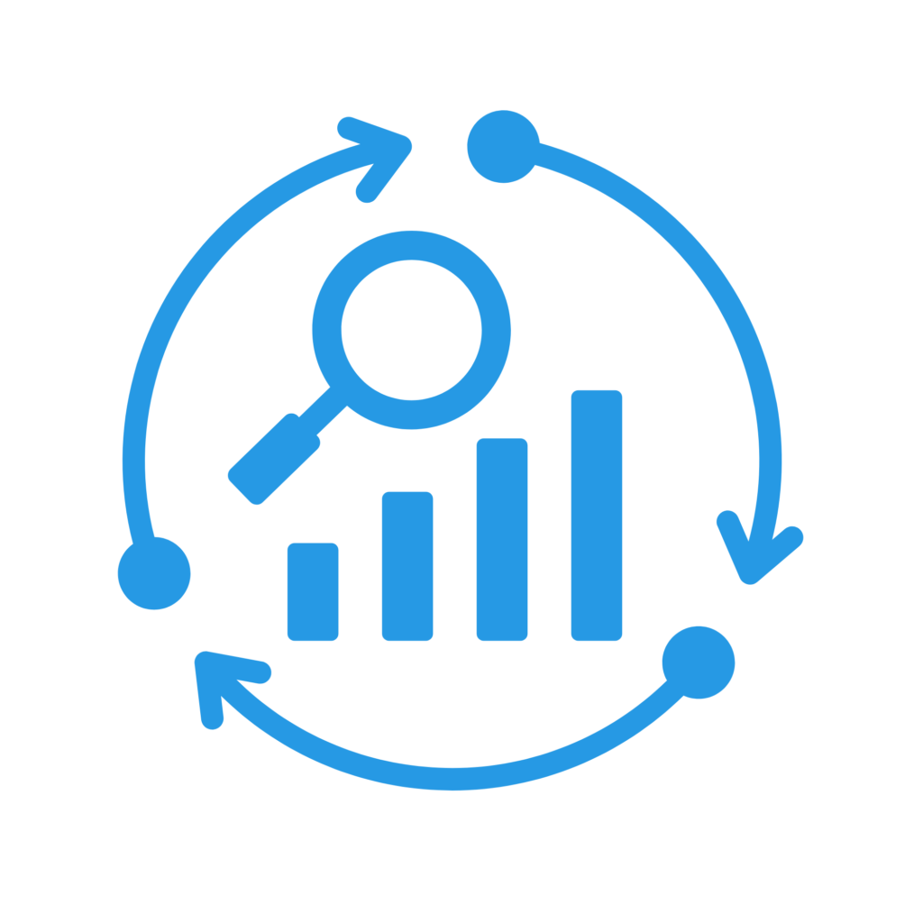 An illustration of a magnifying glass and a chart surrounded by arrows in a circle.