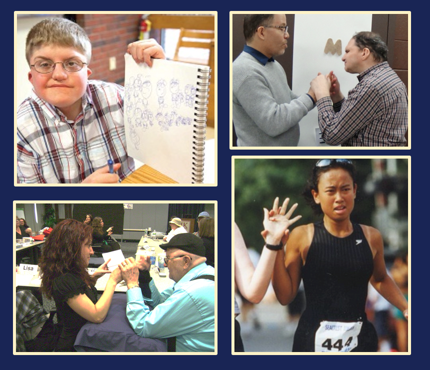 A collage of four images showing a boy holding of a drawing in a sketchbook, two men touching hands and doing tactile sign, a woman and a man touching hands and doing tactile sign, and a woman running outside.