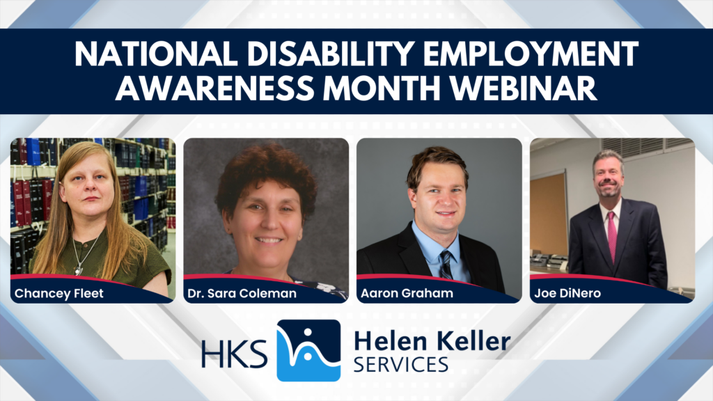 NDEAM webinar cover shows headshots of Chancey Fleet, Dr. Sara Coleman, Aaron Graham and Joe DiNero in squares over a decorative background.