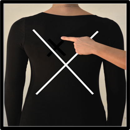 An index finger placed on a person's back. A white X is drawn on the back