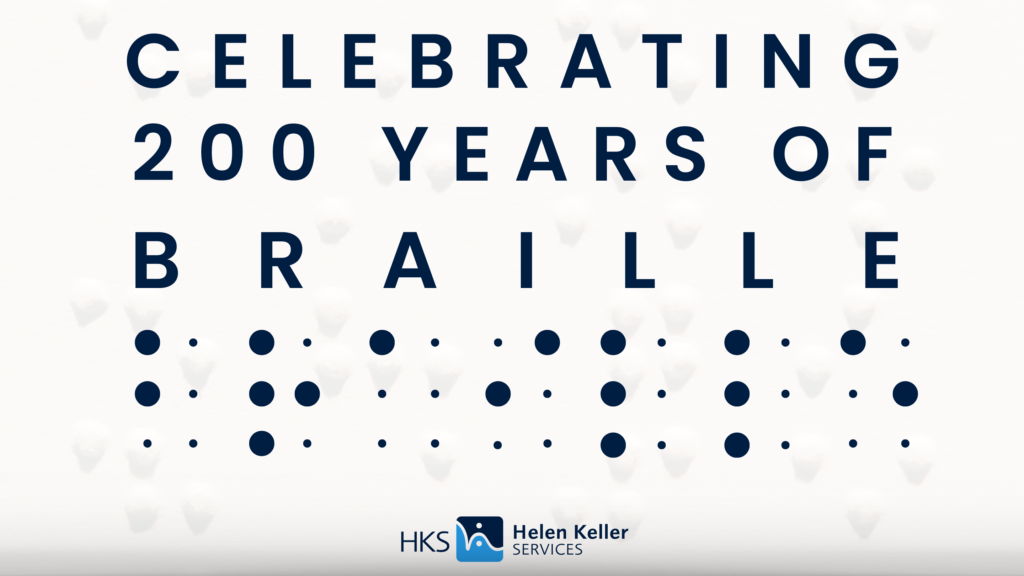 Celebrating 200 years of braille, with corresponding braille code dots under the word braille.