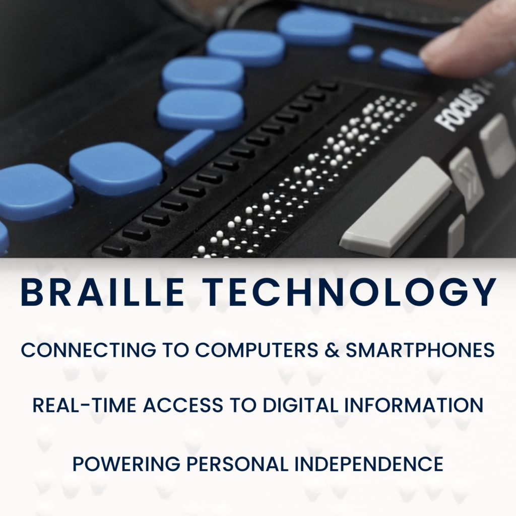 Square graphic showing an image of a connected braille display. The bottom half reads: Braille Technology Connecting to computers & smartphones Real-time access to digital information Powering personal independence