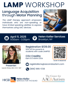 Language Acquisition through Motor Planning (LAMP) workshop event flyer.