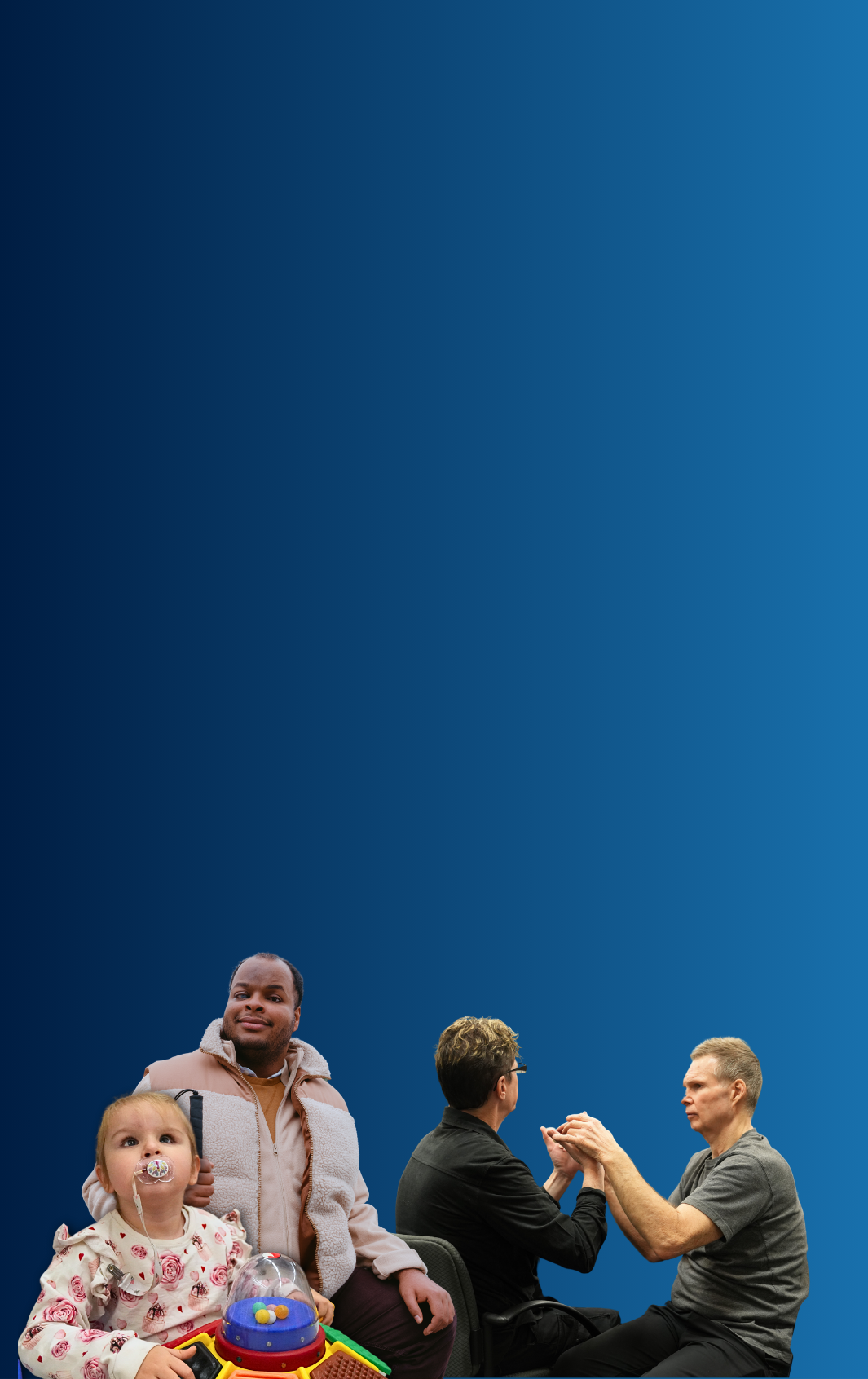 3 images on a deep blue background: a blind preschool girl engaging with a tactile toy, a man confidently holding a white cane, and two individuals communicating through tactile sign language