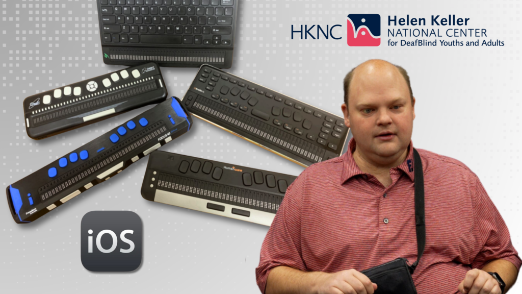 The photo shows several braille displays arranged diagonally across the left side of the image against a light grey background. On the right side of the image is Scott Davert, the Coordinator of the Technology, Research, and Innovation Center (TRIC) at Helen Keller National Center. Scott is wearing a coral-colored polo shirt with thin stripes and has a black strap visible across his shoulder. At the bottom left of the image reads Part 2.